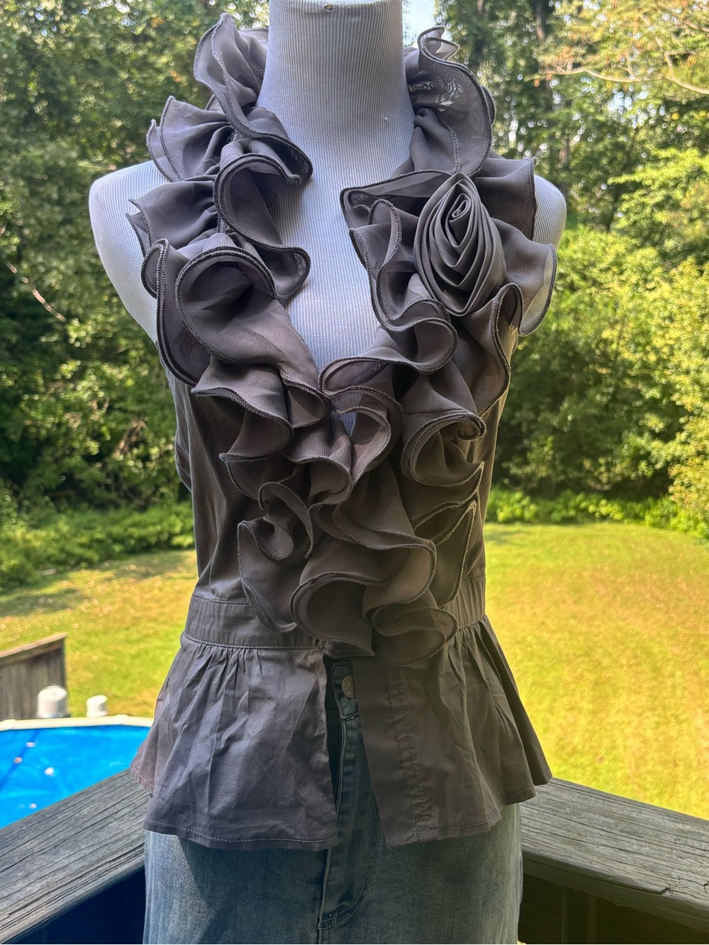 Ruffled Sleeveless Women’s Top in Charcoal Gray